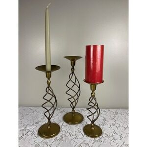 Vintage Brass Cyclone Twist Spiral Candlestick Holder Set‎ of 3 Taper Pillar MCM
